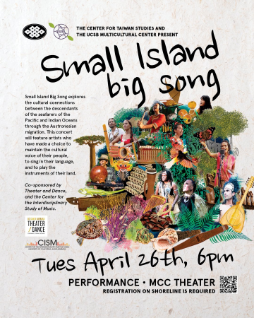 poster depicting small island big song with text and QR code. 